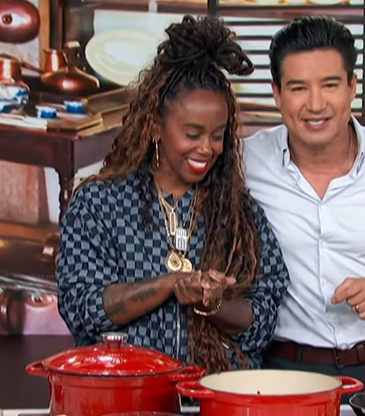Toya’s denim check print jacket on Access Hollywood