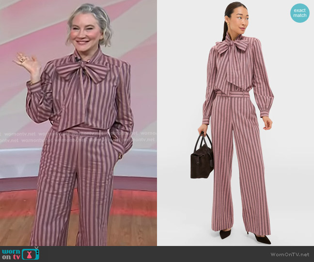 Tuckernuck Brianna Bow Blouse in Mauve Stripe worn by Clea Shearer on Today