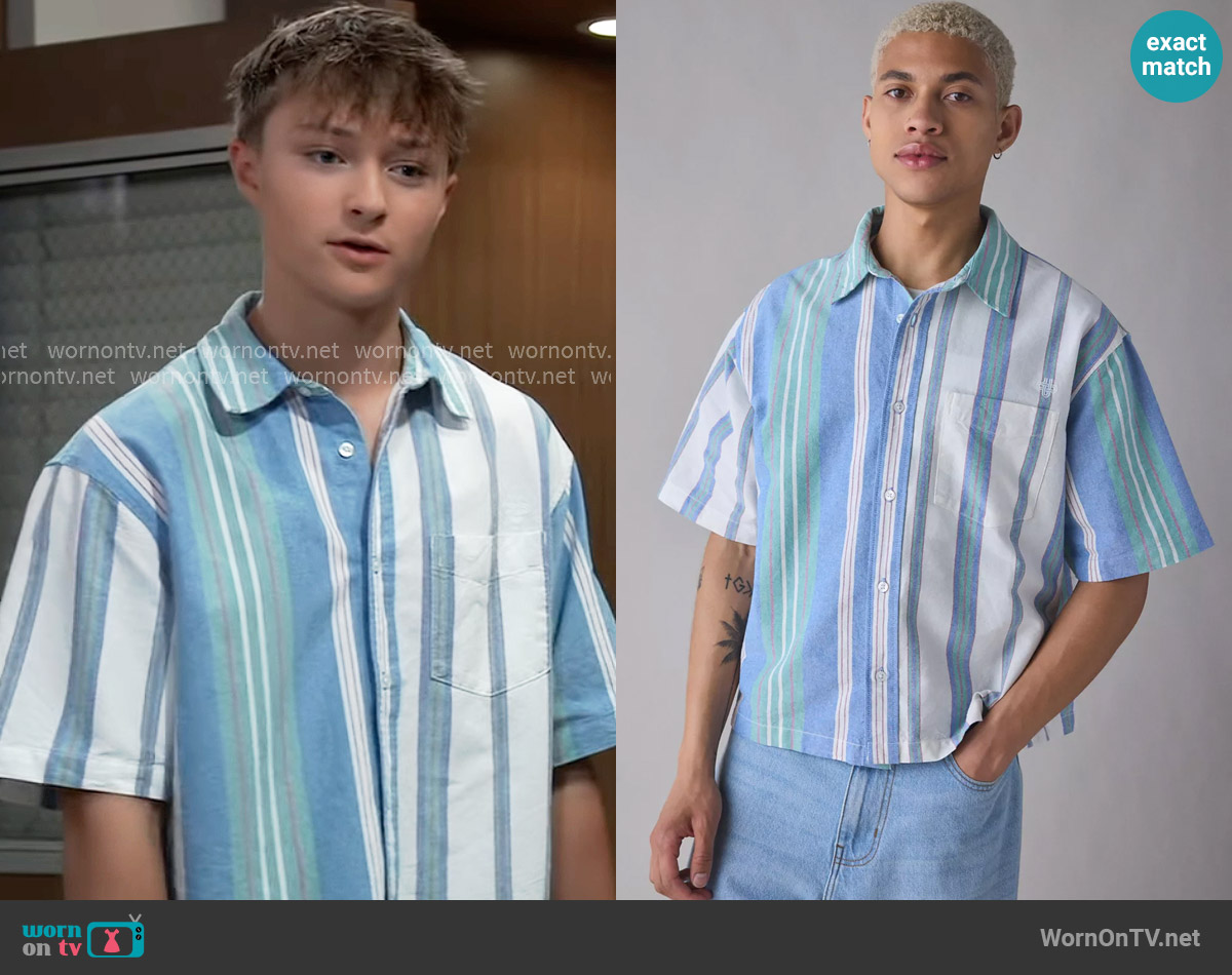 Urban Outfitters Stripe Cutoff Oxford Shirt in Blue + White Stripe worn by Danny Morgan (Asher Antonyzyn) on General Hospital