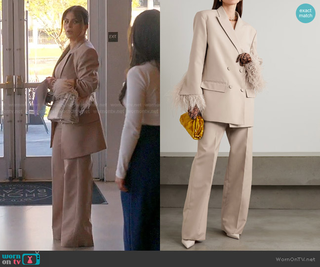 Valentino Garavani Oversized Double-breasted Feather-trimmed Woven Blazer worn by Stephanie Shojaee (Stephanie Shojaee) on The Real Housewives of Miami