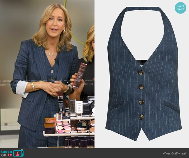 Veronica Beard Benny Pinstripe Vest in Blue Dove worn by Lara Spencer on Good Morning America