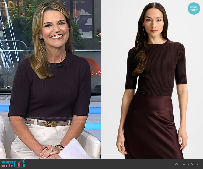 Veronica Beard Emil Cashmere Pullover in Dark Currant worn by Savannah Guthrie on Today