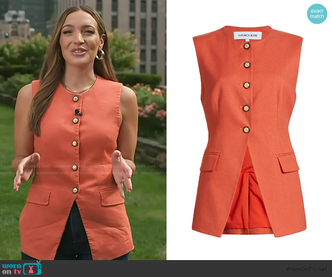 Veronica Beard Lois Linen-Blend Button-Front Vest in Persimmion worn by Emily Orozco on Access Hollywood