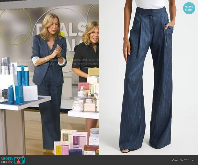 Veronica Beard Rimini Pinstripe Linen Blend Wide Leg in Blue Dove worn by Lara Spencer on Good Morning America
