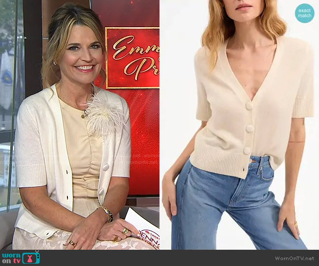 Veronica Beard Solene Short Sleeve Cashmere Cardigan in Ivory worn by Savannah Guthrie on Today
