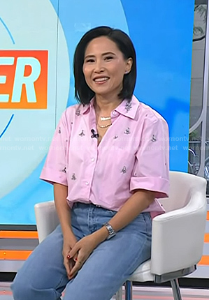 Vicky’s pink embellished short sleeve shirt on Today