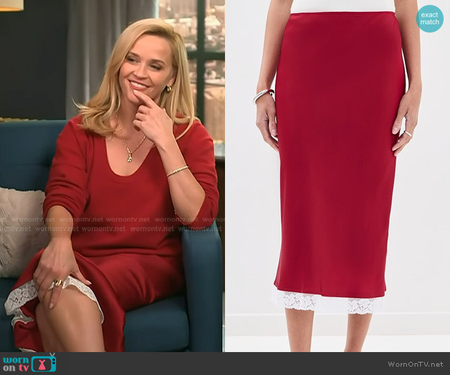 Victoria Beckham Lace Trim Slip Skirt in Rose worn by Reese Witherspoon on Access Hollywood