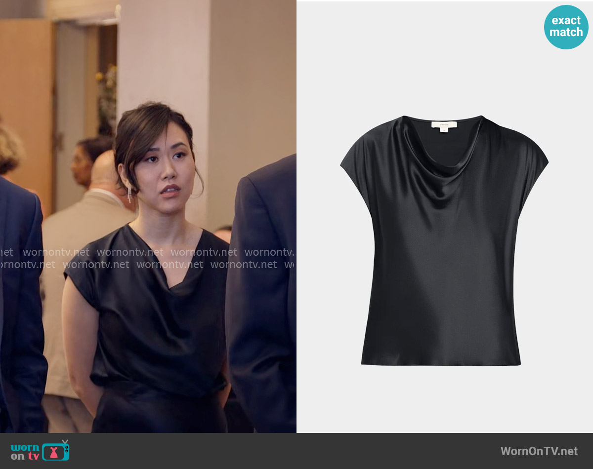Vince Cowl-Neck Cap-Sleeve Satin Blouse worn by Nicole Lee (Ramona Young) on The Paper