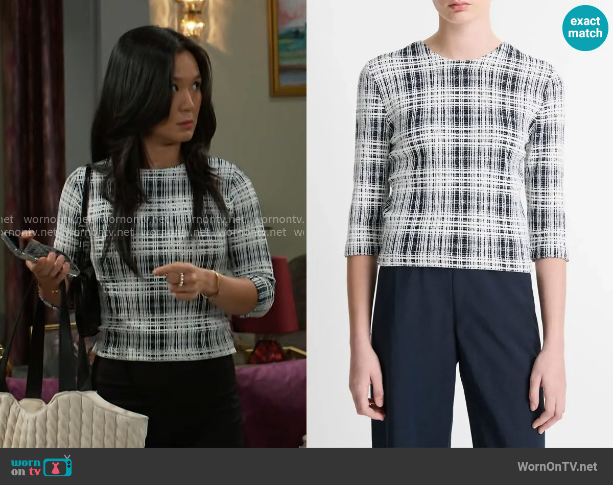 Vince Plaid Bouclé Sweater worn by Caroline Lee (Ellie Wang) on Beyond the Gates