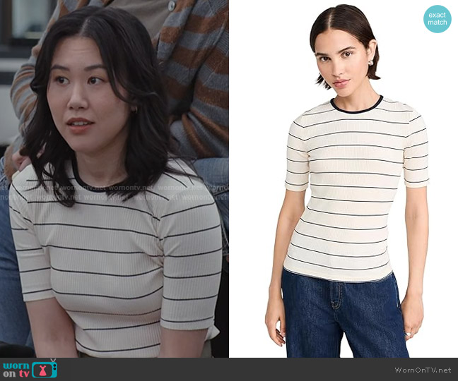 Vince Rib Stripe Elbow Sleeve Crew Tee in Flaxen/Deep Lake worn by Nicole Lee (Ramona Young) on The Paper