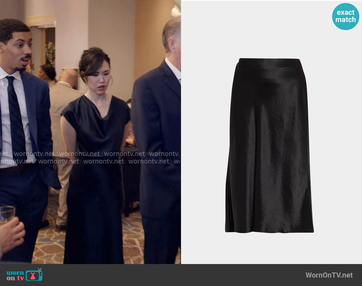 Vince Satin Slip Midi Skirt worn by Nicole Lee (Ramona Young) on The Paper