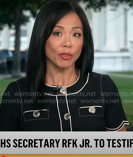 Weijia Jiang’s black scalloped-trim button-front top on CBS Mornings