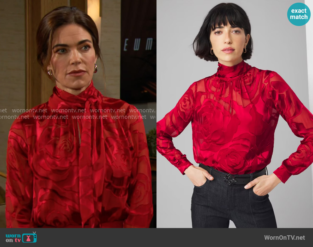 White House Black Market Rose Print Burnout Blouse worn by Victoria Newman (Amelia Heinle) on The Young and the Restless
