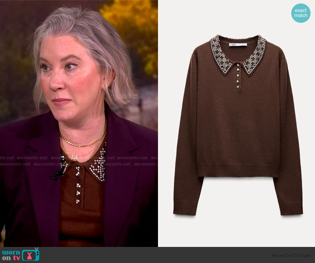 Zara Rhinestone Beaded Polo Top worn by Clea Shearer on The View