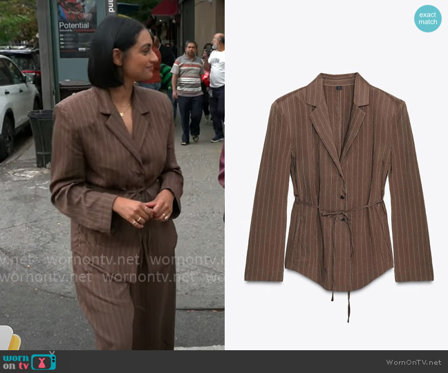 Zara Striped Shoulder Pad Blazer with Thin Belt worn by Shanelle Kaul on CBS Mornings