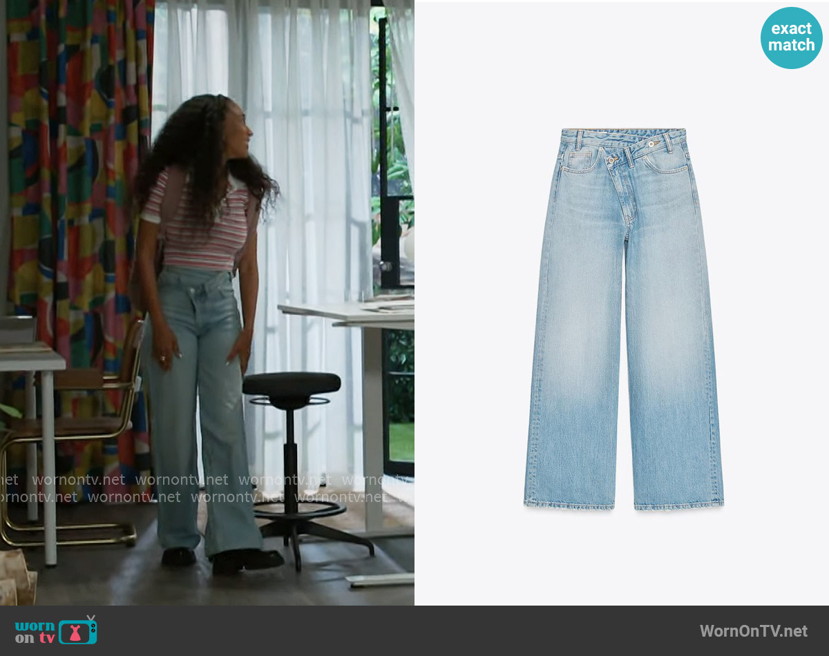 Zara TRF High Waist Crossover Waist Wide Leg Jeans worn by Samantha Richardson (Najah Jackson) on Beyond the Gates