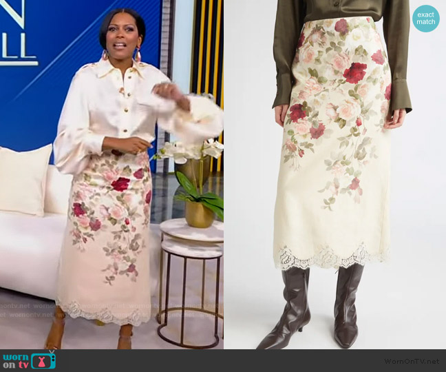 Zimmermann Hypnotic Floral Lace Trim Linen Pencil Skirt worn by Tamron Hall on Tamron Hall Show