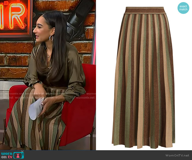 Zimmermann Hypnotic Midi Skirt in Metallic Green Stripe worn by Morgan Radford on NBC News Daily