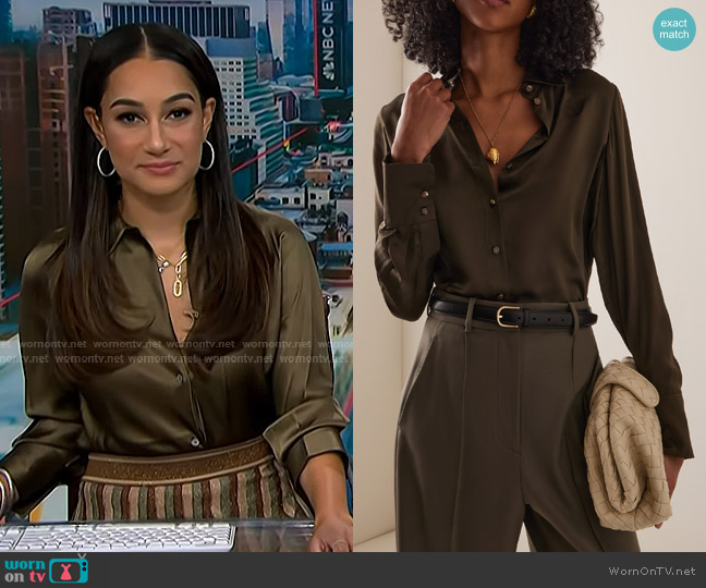 Zimmermann Hypnotic Silk-Satin Shirt in Olive worn by Morgan Radford on NBC News Daily