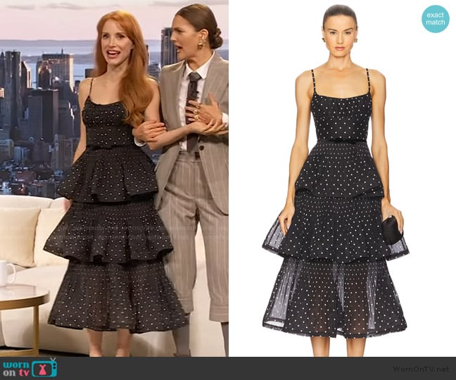 Zimmermann Pleated Tiered Midi Dress in Black & Cream Polka Dot worn by Jessica Chastain on The Drew Barrymore Show