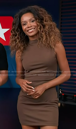 Zuri’s brown sleeveless mini dress on Access Hollywood