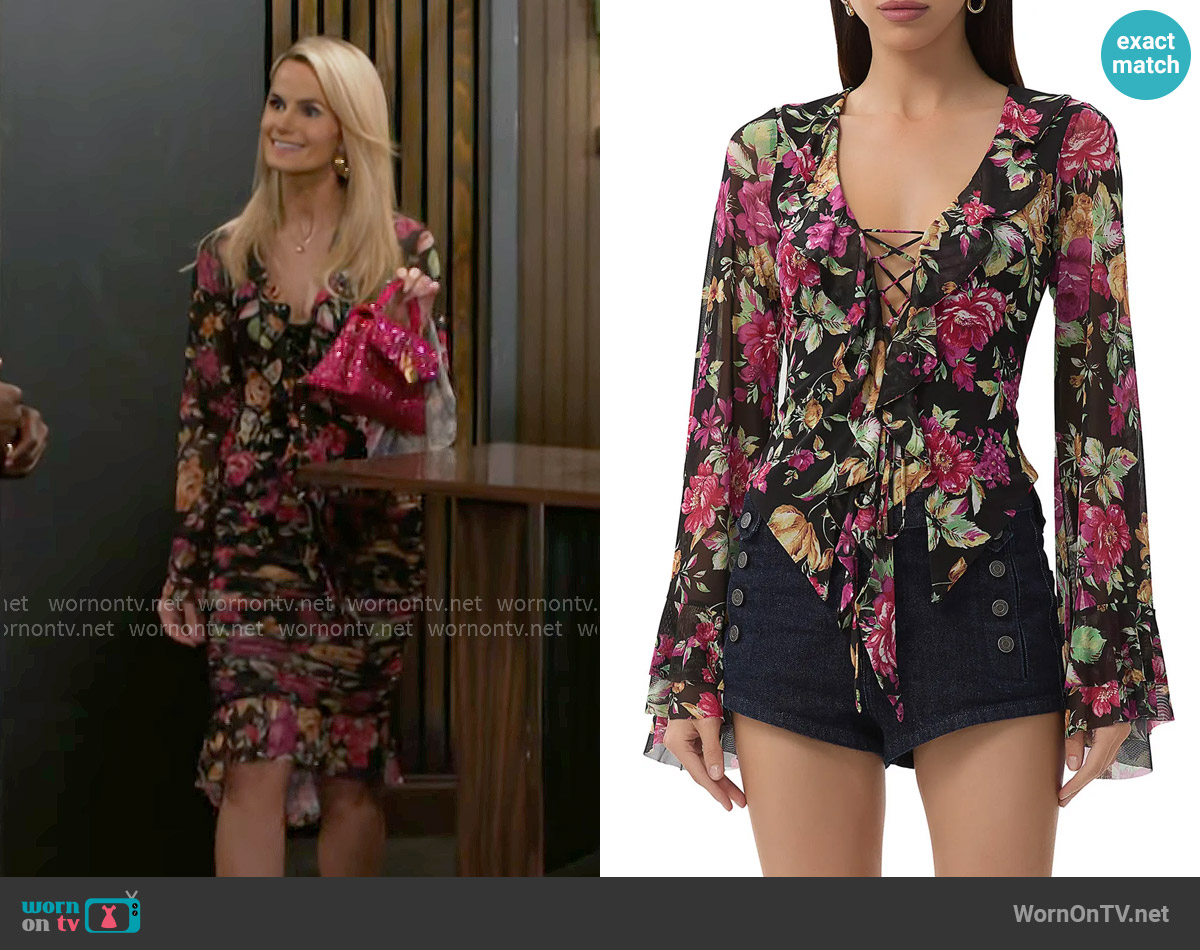 AFRM Cadence Top in Dusted Floral worn by Vanessa McBride (Lauren Buglioli) on Beyond the Gates