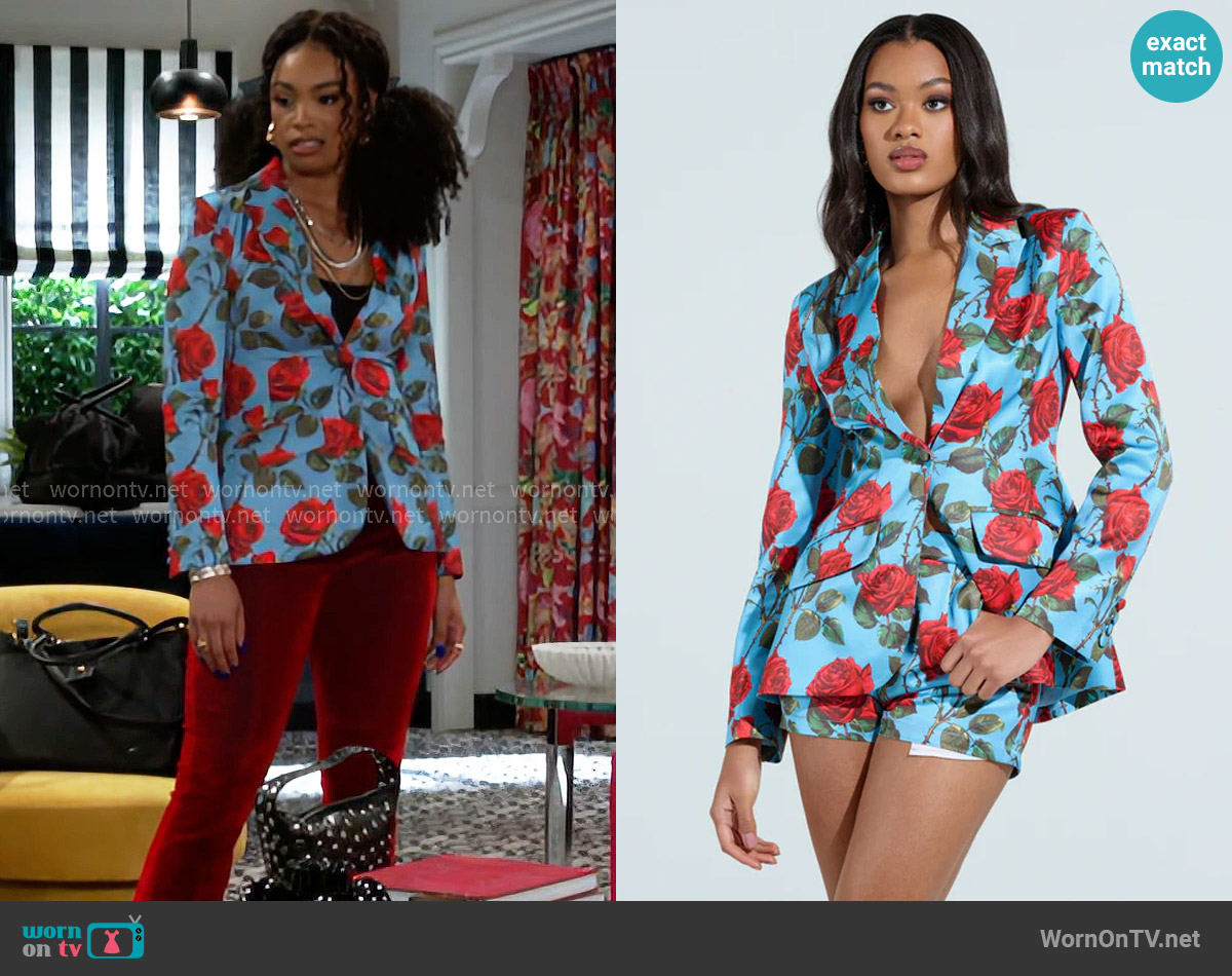 Akira Dozen Roses Satin Blazer worn by Chelsea Hamilton (RhonniRose Mantilla) on Beyond the Gates