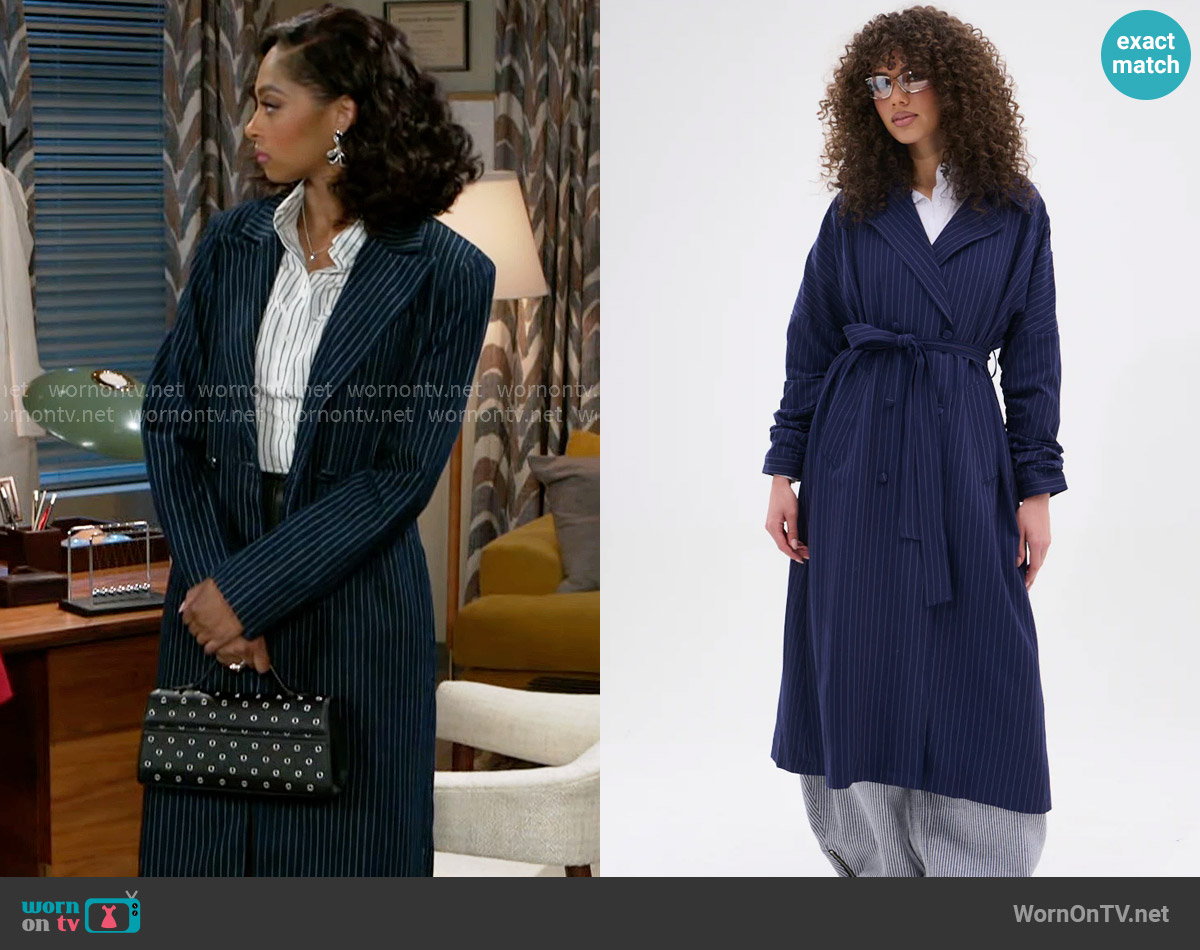 Akira Harlem Pinstripe Trench worn by Kat Richardson (Colby Muhammad) on Beyond the Gates