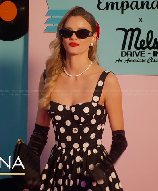 Alanna’s black polka dot print dress on Selling Sunset