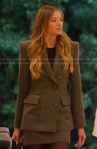 Alanna’s grey pinstripe blazer and skirt on Selling Sunset