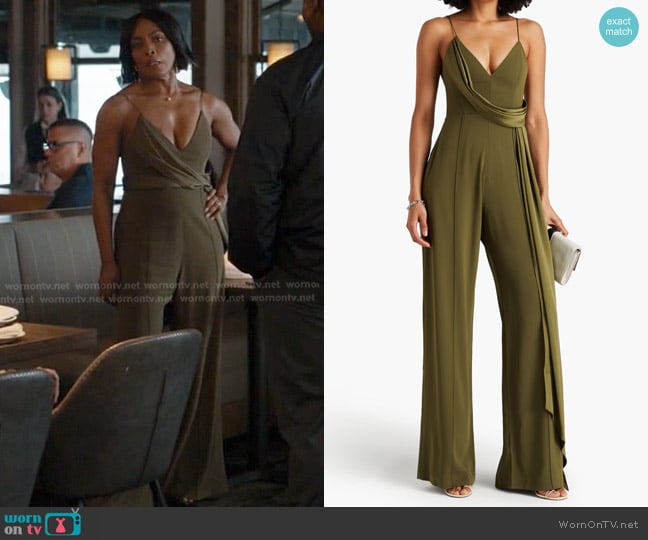 Alex Perry Harlow Satin-crepe Jumpsuit in Army green worn by Athena Grant (Angela Bassett) on 9-1-1