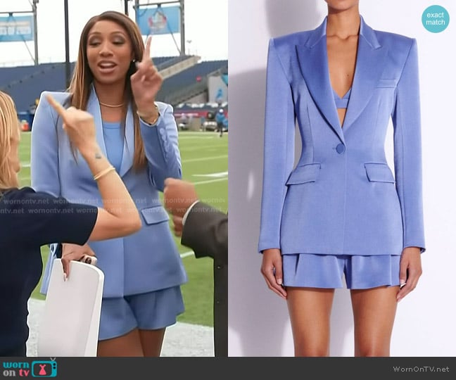 Alex Perry Satin Crepe Blazer in Periwinkle worn by Maria Taylor on Access Hollywood