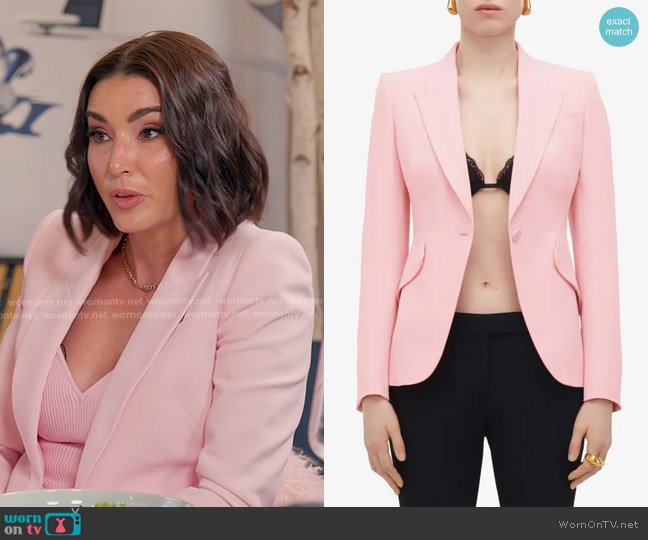 Alexander McQueen Leaf Crepe Jacket in Cherry Blossom Pink worn by Bronwyn Newport on The Real Housewives of Salt Lake City