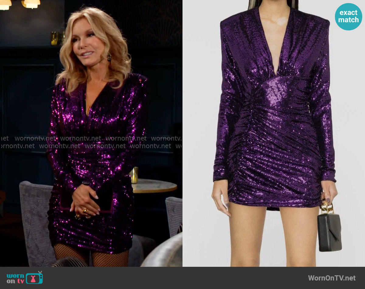 Alexandre Vauthier Purple Ruched Sequin Mini Dress worn by Lauren Fenmore (Tracey Bregman) on The Young and the Restless