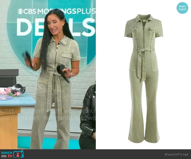 Alice + Olivia Gorgeous Wide Leg Jumspuit in Sage worn by Elizabeth Werner on CBS Mornings