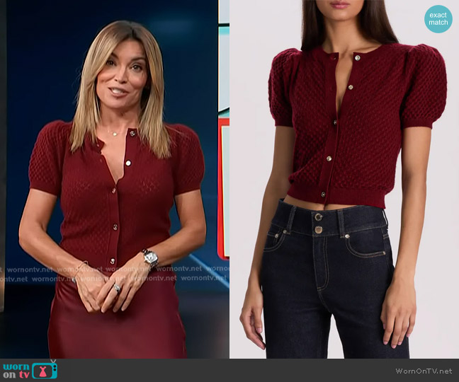 Alice + Olivia Sabine Cashmere Blend Cardigan in Oxblood worn by Kit Hoover on Access Hollywood