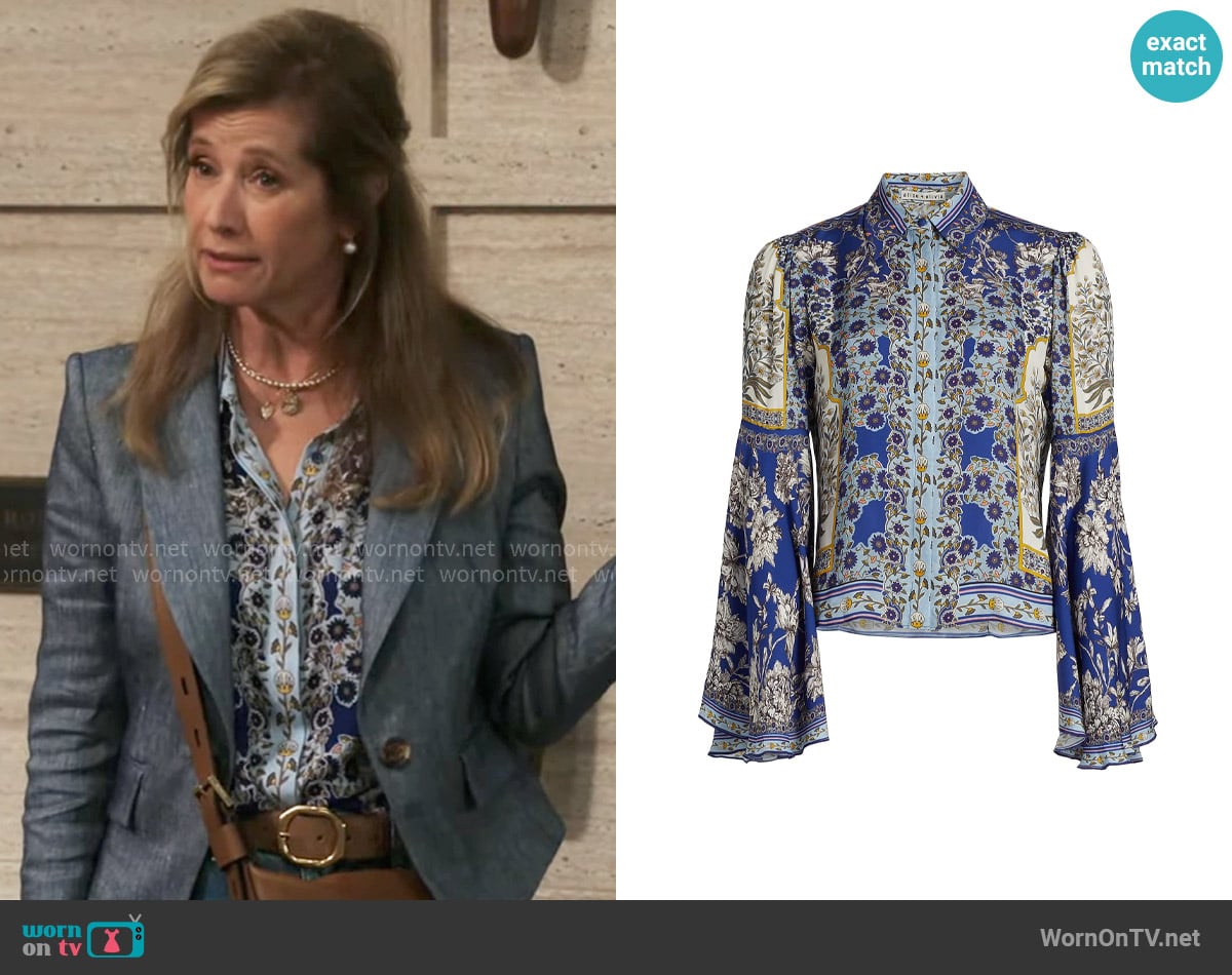 Alice + Olivia Willa Floral Bell-Sleeve Blouse in Forevermore worn by Charlotte (Nancy Travis) on Shifting Gears