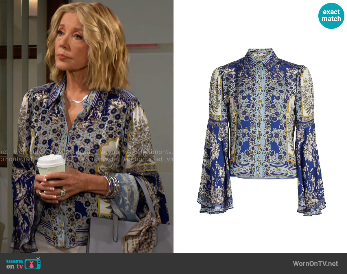 Alice + Olivia Willa Shirt in Forevermore worn by Nikki Reed Newman (Melody Thomas-Scott) on The Young and the Restless