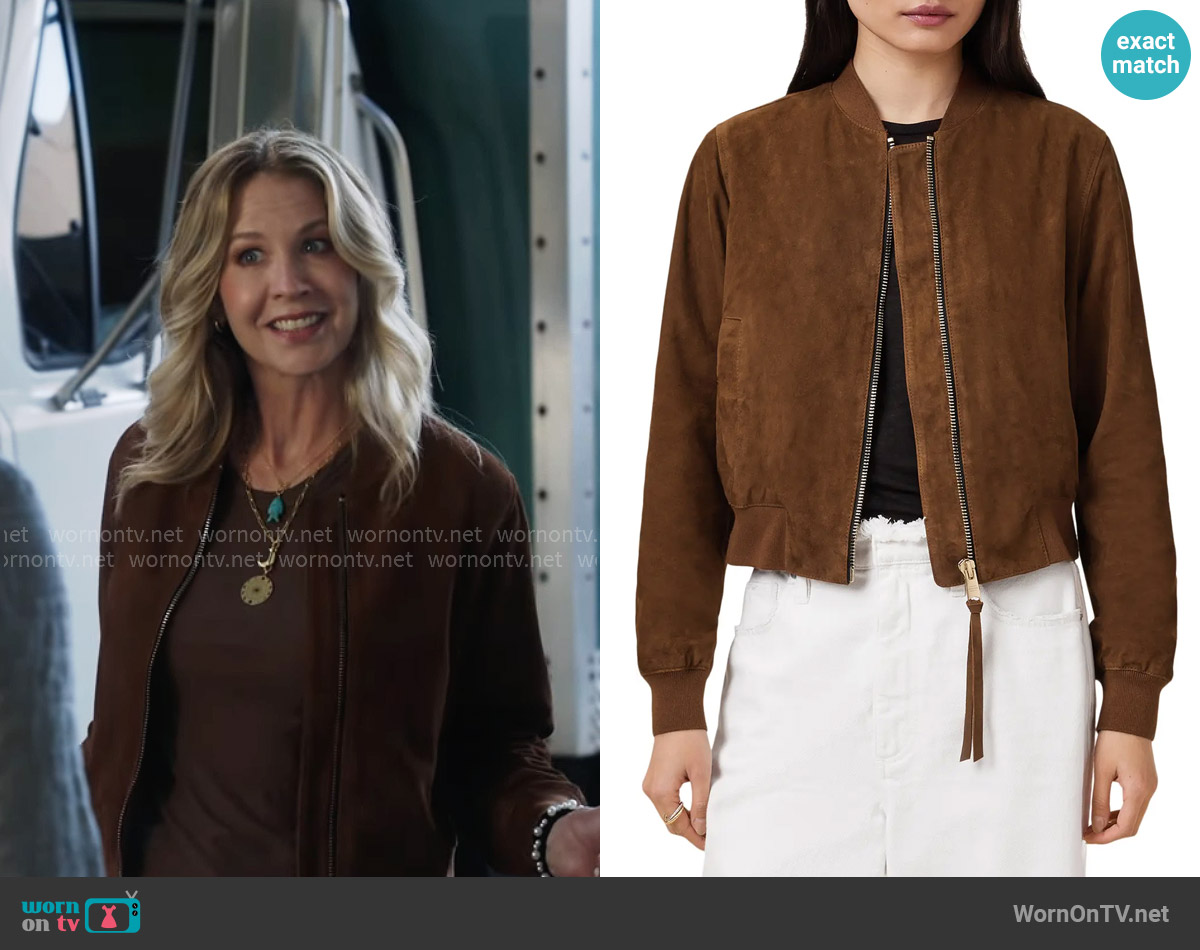 All Saints Orten Suede Bomber Jacket in Cognac Brown worn by Eve Drake (Jenna Elfman) on Shifting Gears