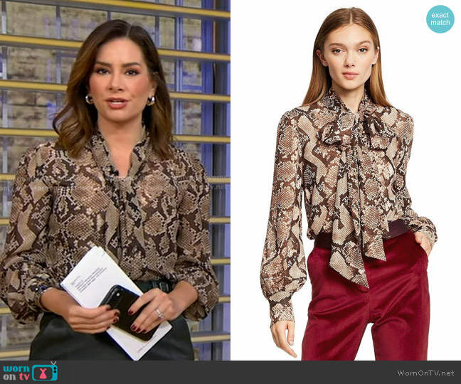 Altuzarra for Target Snake Print Tie Neck Blouse worn by Rebecca Jarvis on Good Morning America