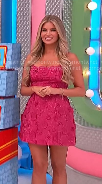 Amber’s pink floral applique mini dress on The Price is Right