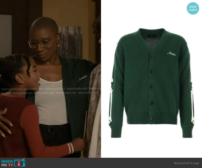 Amiri Bones Cotton V-Neck Cardigan in Evergreen worn by Henrietta Wilson (Aisha Hinds) on 9-1-1