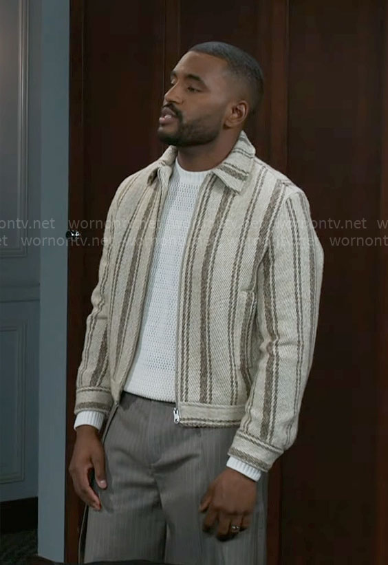 Andre’s striped knit jacket on Beyond the Gates