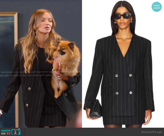 Anine Bing Maron Blazer in Dark Grey Pinstripe worn by Alanna Gold on Selling Sunset
