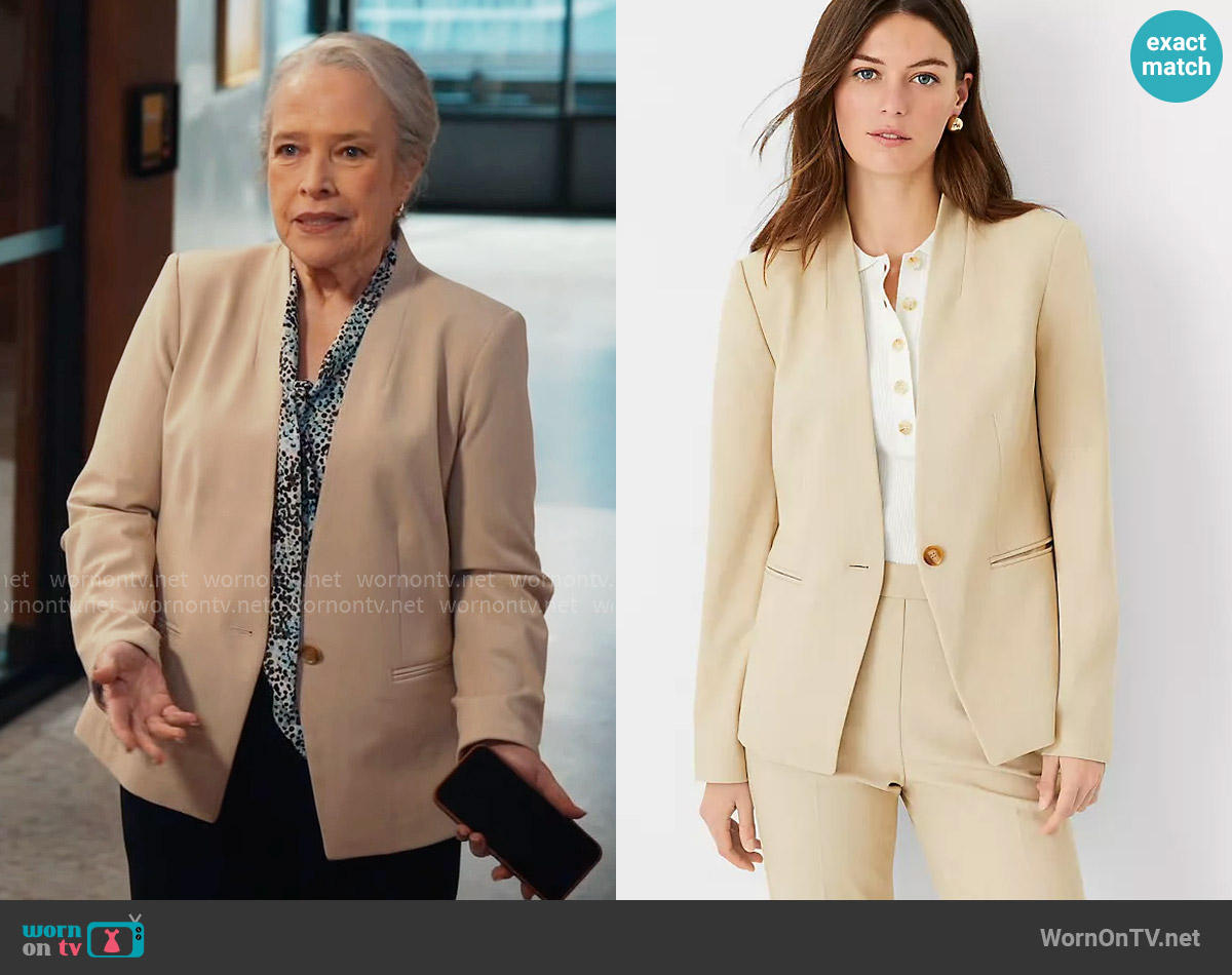 Ann Taylor The Petite Cutaway Blazer in Bi-Stretch in Toasted Oat worn by Madeline Matlock (Kathy Bates) on Matlock