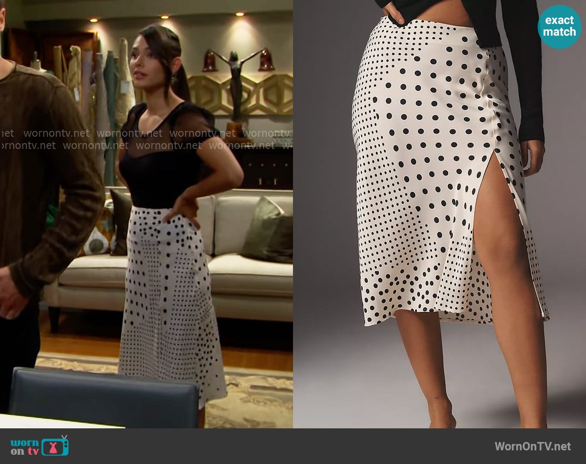Anthropologie Polka Dot Midi Slip Skirt worn by Electra Forrester (Laneya Grace) on The Bold and the Beautiful