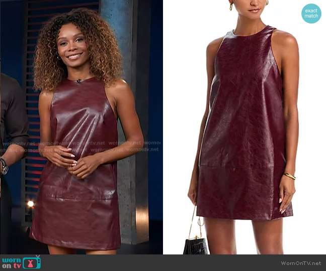 Aqua Faux Leather Sleeveless Mini Dress in Burgundy worn by Zuri Hall on Access Hollywood