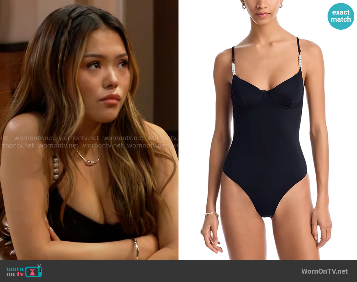 Aqua Faux Pearl Underwire One Piece Swimsuit worn by Luna (Lisa Yamada) on The Bold and the Beautiful