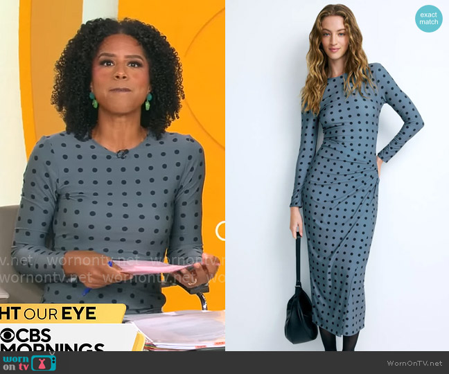 Arias New York Polka Dot Draped Pencil Dress worn by Adriana Diaz on CBS Mornings