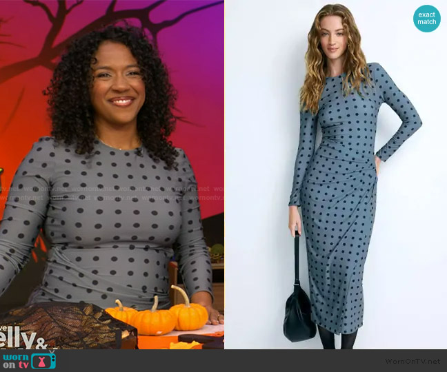 Arias New York Polka Dot Draped Pencil Dress worn by Dayna Isom Johnson on Live with Kelly and Mark